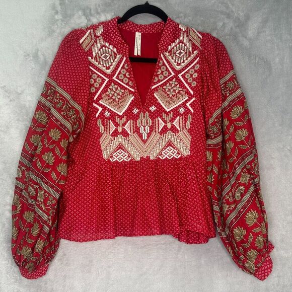 Anthropologie Keira 8 Embroidered Peplum Blouse Top V Neck‎ Boho Balloon Sleeves - Picture 1 of 15